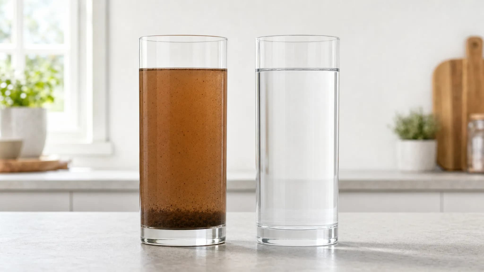 Två glas vatten från en borrad brunn utanför Västervik, brunt järnhaltigt vatten till vänster och renat klart vatten till höger